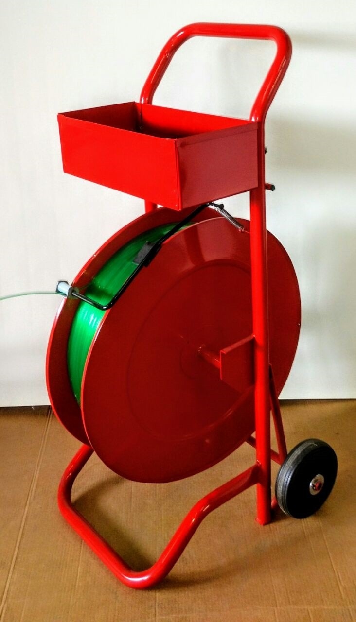 Carro portafleje rojo con bobina verde y bandeja para herramientas